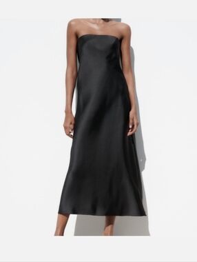 NWT Zara Strapless Black Satin Midi Dress Size S